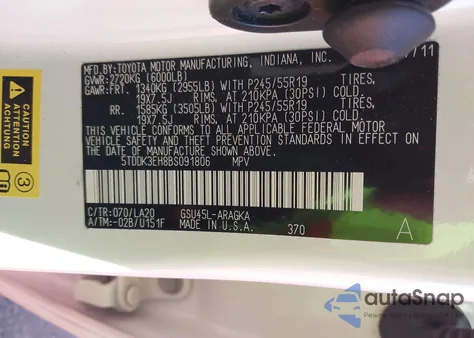 2011 Toyota Highlander Limited V6 z USA, uszkodzony, nr VIN 5TDDK3EH8BS091806